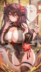 Rule 34 | 1girl, absurdres, alternate breast size, alternate costume, bare shoulders, black nails, blush, boo tao (genshin impact), breasts, brown hair, brown thighhighs, cleavage, covered navel, genshin impact, ghost, hair ornament, highres, hu tao (genshin impact), jewelry, large breasts, long hair, long sleeves, looking at viewer, nail polish, off shoulder, parted lips, pelvic curtain, red eyes, ring, sideboob, smile, symbol-shaped pupils, tansuan (ensj3875), teeth, thigh strap, thighhighs, thighs