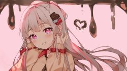 Rule 34 | 1girl, bow, brown shirt, cheli (kso1564), chocolate, commentary request, copyright request, food-themed hair ornament, grey hair, grin, hair ornament, hands up, head tilt, heart, highres, long hair, long sleeves, looking at viewer, multicolored hair, pink background, pink eyes, puffy long sleeves, puffy sleeves, red bow, red hair, ribbon-trimmed sleeves, ribbon trim, shirt, sleeves past wrists, smile, solo, streaked hair, upper body