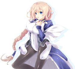 Rule 34 | 1girl, :o, black pantyhose, blonde hair, blue eyes, blush, braid, breasts, fal maro, female focus, hand on own chest, highres, kyoukaisenjou no horizon, large breasts, long hair, mary stuart, pantyhose, scar, simple background, single braid, solo, very long hair, white background