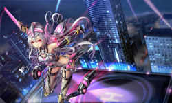 Rule 34 | 1girl, albino, belt, black gloves, blurry, breasts, building, city, covered navel, depth of field, dutch angle, fingerless gloves, from above, gloves, glowing, glowing sword, glowing weapon, gluteal fold, headgear, helipad, holding, holding sword, holding weapon, large breasts, long hair, looking at viewer, machinery, md5 mismatch, mecha musume, night, night sky, original, outdoors, outstretched arms, red eyes, rooftop, searchlight, sideboob, signature, sky, skyscraper, sleeveless, solo, standing, standing on one leg, sword, thighhighs, very long hair, wangchuan de quanyan, weapon, white hair