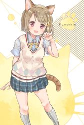 Rule 34 | 1girl, animal ears, argyle, arm up, bare legs, beige vest, blue shirt, blush, bob cut, brown hair, cat ears, cat tail, commentary, crescent, crescent hair ornament, english text, eyelashes, feet out of frame, grey socks, hacosumi, hair ornament, highres, kneehighs, looking at viewer, love live!, love live! nijigasaki high school idol club, nakasu kasumi, necktie, open mouth, paw pose, paw print, plaid, plaid skirt, pleated skirt, red eyes, shirt, short hair, short sleeves, simple background, skirt, smile, socks, solo, striped clothes, striped socks, striped tail, tail, vest, white background, yellow necktie
