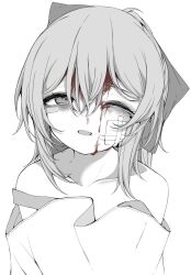 Rule 34 | 1girl, bags under eyes, bandaid, bandaid on face, bare shoulders, bleeding, blood, blood on face, bow, collarbone, commentary, fang, gauze, gauze on cheek, greyscale, hair between eyes, hair bow, highres, injury, long hair, looking at viewer, monochrome, mushoku loli, mushoku loli (character), off shoulder, one eye closed, open mouth, original, simple background, solo, spot color, symbol-only commentary, upper body
