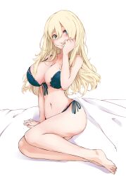 Rule 34 | 1girl, arm support, atago (kancolle), blonde hair, blue bra, blue eyes, blue panties, blush, bra, breasts, cleavage, collarbone, full body, hand to own mouth, highres, kantai collection, large breasts, long hair, looking at viewer, navel, on bed, panties, rizzl, simple background, sitting, solo, underwear, white background