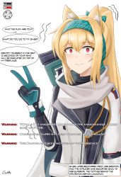 Rule 34 | 1girl, animal ear fluff, animal ears, arknights, artist name, black bodysuit, blonde hair, bodysuit, bolt action, bow, cat ears, closed mouth, english text, gamryous, girls&#039; frontline, gloves, green bow, green hairband, gun, hair bow, hairband, health bar, highres, jacket, long hair, looking at viewer, multicolored clothes, multicolored gloves, ponytail, red eyes, rifle, russian flag, scarf, simple background, sniper rifle, solo, sora (arknights), sv-98, sv-98 (girls&#039; frontline), sv-98 (mod3) (girls&#039; frontline), turtleneck, upper body, v, weapon, white background, white jacket, white scarf
