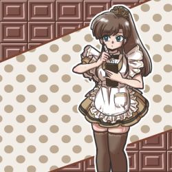 Rule 34 | 1girl, alternate costume, apron, black bow, black bowtie, blue eyes, bow, bowtie, brown hair, brown thighhighs, enmaided, high ponytail, holding, holding notepad, holding pen, kuonji ukyou, limited palette, long hair, looking to the side, maid, notepad, pen, polka dot, polka dot background, ponytail, ranma 1/2, scrunchie, sidelocks, solo, spot color, taking order, thighhighs, waitress, wanta (futoshi), zettai ryouiki