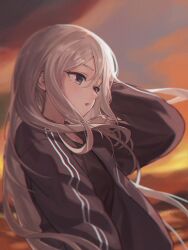 Rule 34 | 1girl, absurdres, black shirt, blurry, blurry background, blush, breasts, cloud, cloudy sky, commentary request, floating hair, from side, grey eyes, grey hair, grey jacket, hair between eyes, hair over shoulder, hand in own hair, hand up, highres, jacket, klakmon, long hair, long sleeves, looking ahead, medium breasts, open clothes, open jacket, outdoors, parted lips, project sekai, shirt, sidelocks, sky, solo, striped clothes, striped jacket, sunset, thick eyelashes, upper body, yoisaki kanade
