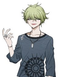 Rule 34 | 1boy, absurdres, ahoge, amami rantaro, collarbone, danganronpa (series), danganronpa v3: killing harmony, ear piercing, earrings, green eyes, green hair, hand up, highres, jewelry, long sleeves, looking at viewer, male focus, messy hair, necklace, no (xpxz7347), open mouth, piercing, shirt, short hair, simple background, smile, solo, striped clothes, striped shirt, upper body, white background