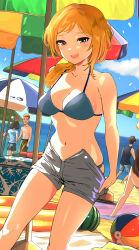 Rule 34 | 1girl, beach, bikini, bikini under shorts, blonde hair, blue bikini, blush, breasts, cleavage, collarbone, feet out of frame, grey shorts, hair over shoulder, hanamasa ono, heart, heart-shaped pupils, highres, idolmaster, idolmaster million live!, looking at another, looking at viewer, mat, medium breasts, momose rio, navel, outdoors, parasol, people, shorts, smile, solo focus, swimsuit, symbol-shaped pupils, umbrella, undressing