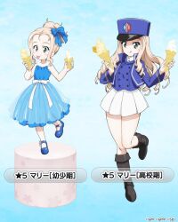 Rule 34 | 2girls, :p, :q, aged down, bc freedom (emblem), bc freedom military uniform, black footwear, blonde hair, blue background, blue bow, blue dress, blue footwear, blue headwear, blue jacket, blue vest, blush stickers, boots, bow, character name, child, commentary request, dress, dress shirt, drill hair, emblem, food, girls und panzer, girls und panzer saishuushou, green eyes, hair bow, hat, high collar, holding, holding food, ice cream, jacket, kepi, knee boots, leg up, licking lips, long hair, long sleeves, marie (girls und panzer), mary janes, medium dress, military hat, military uniform, miniskirt, multiple girls, official alternate costume, official art, pedestal, pleated skirt, shirt, shoes, short hair, short ponytail, skirt, sleeveless, sleeveless dress, standing, standing on one leg, tongue, tongue out, translated, uniform, vest, watermark, white shirt, white skirt