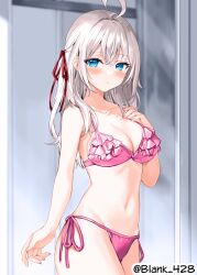 1girl ahoge alisa_mikhailovna_kujou bare_arms bikini blank_428_(cvyn7278) breasts cleavage collarbone colorized cowboy_shot frilled_bikini frills greyscale groin hair_between_eyes hair_intakes hair_ribbon long_hair looking_at_viewer medium_breasts momoko_(momopoco) monochrome navel novel_illustration official_art ribbon side-tie_bikini_bottom sideboob solo standing swimsuit third-party_edit tokidoki_bosotto_roshia-go_de_dereru_tonari_no_alya-san white_hair