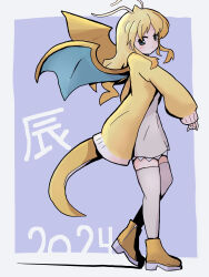 Rule 34 | 1girl, antennae, blonde hair, chinese zodiac, closed mouth, creatures (company), dated, dragon girl, dragon tail, dragon wings, dragonite, game freak, gen 1 pokemon, long hair, namakura g, new year, nintendo, personification, pokemon, pokemon (creature), smile, solo, standing, tail, wings, year of the dragon