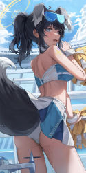 Rule 34 | 1girl, 2gong (9ujin ), absurdres, ahoge, animal ears, ass, back, bare arms, bare back, bare shoulders, black hair, blue archive, blue eyes, blue sky, blush, breasts, cheerleader, cloud, crop top, day, dog ears, dog girl, dog tail, embarrassed, goggles, goggles on head, hibiki (blue archive), hibiki (cheer squad) (blue archive), highres, holding, holding pom poms, long hair, looking at viewer, medium breasts, millennium cheerleader outfit (blue archive), miniskirt, official alternate costume, open mouth, outdoors, panties, pleated skirt, pom pom (cheerleading), pom poms, ponytail, raised eyebrows, skirt, sky, solo, stadium, star sticker, sweat, tail, tearing up, thighs, underwear, wedgie, wet, white panties