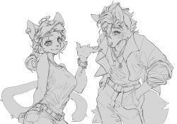 Rule 34 | 1boy, 1girl, animal ear piercing, animal ears, bad bcy id, bad id, bare arms, bare shoulders, belt, belt buckle, bracelet, braid, braided ponytail, buckle, cat ears, cat girl, cat tail, claws, collared jacket, cowboy shot, curly hair, denim, dog tags, eyelashes, eyeshadow, furry, furry female, furry male, greyscale, hair between eyes, hand up, hands in pockets, highres, ivitaler i, jacket, jeans, jewelry, long hair, long sleeves, looking at viewer, makeup, monochrome, necklace, open clothes, open jacket, original, pants, pocket, simple background, sleeves past elbows, snout, studded belt, tail, tank top, white background, wolf boy, wolf ears, wolf tail