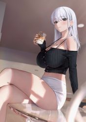 Rule 34 | 1girl, absurdres, bare shoulders, black eyes, black shirt, blush, bra strap, breasts, cleavage, commentary request, crop top, crossed legs, cup, drinking glass, hand up, highres, holding, holding cup, indoors, large breasts, long hair, long sleeves, looking at viewer, midriff, miniskirt, off-shoulder shirt, off shoulder, original, pencil skirt, po ppe, shirt, sitting, skirt, smile, solo, strap gap, thighs, white hair, white skirt