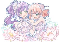 Rule 34 | 2girls, :d, ;d, aqua eyes, belt, blush, bow, cerise bouquet, commentary request, crossed bangs, dress, eye contact, falling petals, flower, frilled dress, frilled gloves, frills, glove bow, gloves, gradient dress, green eyes, hair bun, hair ornament, highres, hinoshita kaho, idol, idol clothes, layered dress, link! like! love live!, long hair, looking at another, lotus, love live!, medium hair, multiple girls, one eye closed, open mouth, orange hair, otomune kozue, petals, pink dress, purple hair, side ponytail, sidelocks, single side bun, sleeveless, sleeveless dress, smile, techimi, two side up, virtual youtuber, white belt, white bow, white dress, white gloves