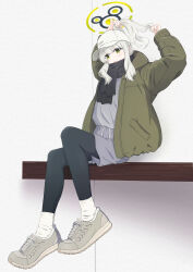 1girl absurdres adjusting_hair arms_behind_head arms_up baseball_cap black_pantyhose black_scarf blue_archive daru_(851daru) full_body green_eyes green_halo grey_footwear grey_hair grey_shorts grey_sweater halo hand_in_own_hair hands_in_hair hare_(blue_archive) hare_(camp)_(blue_archive) hat highres holding holding_own_hair long_hair official_alternate_costume open_mouth pantyhose ponytail scarf shoes shorts sidelocks sitting sneakers socks solo sweater tying_hair white_hat white_socks