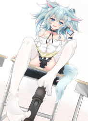 Rule 34 | 1girl, :d, animal ears, bag, blue eyes, blue hair, breasts, cellphone, choker, desk, fang, fox ears, fox tail, girls&#039; frontline, hair between eyes, hair ornament, hairpin, heart, heart-shaped pupils, heckler kai, highres, looking at viewer, mab pa-15, off shoulder, official alternate costume, on desk, open mouth, pa-15 (girls&#039; frontline), pa-15 (high school thrills) (girls&#039; frontline), phone, plaid, plaid skirt, school bag, school desk, school uniform, sitting, on desk, skirt, small breasts, smartphone, smile, solo, symbol-shaped pupils, tail, thighhighs, twintails, white thighhighs