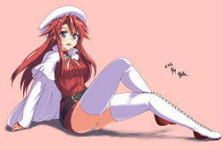 Rule 34 | 1girl, aty (summon night), belt, beret, blue eyes, boots, cape, cross-laced footwear, hat, highres, lace-up boots, long hair, nishiumi yuuta, open mouth, panties, red hair, solo, summon night, thigh boots, thighhighs, underwear, white footwear, white panties, white thighhighs