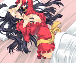 Rule 34 | 1girl, amazon lily, amazon warrior, bed, bed sheet, black hair, blush, boa hancock, breasts, cleavage, dress, earrings, hpa (foolish factory), jewelry, large breasts, long hair, one piece, pillow, purple eyes, red dress, red skirt, skirt, solo, tears
