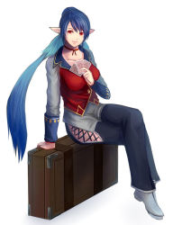 Rule 34 | 00s, 1girl, alternate costume, arm support, blue hair, breasts, briefcase, card, choker, gradient hair, hair bun, judith (tales), large breasts, long hair, looking at viewer, medium breasts, multicolored hair, pants, playing card, pointy ears, ponytail, red eyes, shirt, single hair bun, sitting, smile, solo, suitcase, tales of (series), tales of vesperia, very long hair, waistcoat