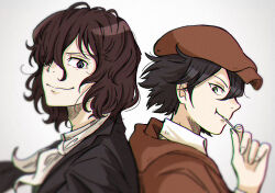 Rule 34 | 2boys, :t, back-to-back, black hair, black jacket, brown capelet, brown hair, bungou stray dogs, candy, capelet, closed mouth, collared shirt, commentary request, curly hair, eating, edgar allan poe (bungou stray dogs), edogawa ranpo (bungou stray dogs), food, green eyes, grey eyes, hair between eyes, hair over one eye, hand up, hat, highres, holding, holding candy, holding food, holding lollipop, jacket, lollipop, long sleeves, looking at another, male focus, multiple boys, neckerchief, norimizu, shirt, short hair, simple background, smile, upper body, white neckerchief, white shirt