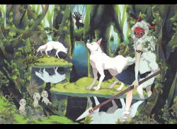 Rule 34 | 1girl, animal, antlers, bare arms, bare shoulders, commentary request, creature, earrings, forest, fur, grass, highres, horns, jewelry, kodama, letterboxed, looking at viewer, marker (medium), mask, mononoke hime, nature, necklace, outdoors, plant, polearm, reflection, san (mononoke hime), shishigami, shishigami (mononoke hime), spear, standing, studio ghibli, tooth necklace, traditional media, tree, umezakura, water, weapon, white wolf, wolf