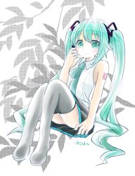 Rule 34 | 1girl, aqua eyes, aqua hair, aqua necktie, bare shoulders, black footwear, black skirt, boots, dithering, floral background, full body, hatsune miku, headset, highres, invisible chair, long hair, looking at viewer, necktie, pleated skirt, rottedchun, shirt, shoulder tattoo, signature, sitting, skirt, solo, tattoo, thigh boots, twintails, vocaloid, white shirt