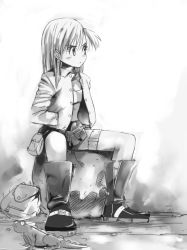 Rule 34 | 1girl, bag, boots, bulma, dragon ball, greyscale, hands in pockets, hatching (texture), jacket, legband, lizard, monochrome, natsushima memo, pouch, sitting, solo
