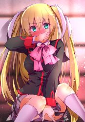 Rule 34 | 1girl, black jacket, blazer, blonde hair, blue eyes, blush, bow, ca2la, covering own mouth, feet out of frame, grey skirt, jacket, little busters!, long hair, looking at viewer, nose blush, panties, pantyshot, pink bow, plaid, plaid skirt, school uniform, sitting, skirt, socks, solo, tokido saya, twintails, underwear, white socks, wiping face