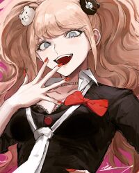 Rule 34 | 1girl, :d, bear hair ornament, black shirt, blonde hair, bow, breasts, cleavage, danganronpa: trigger happy havoc, danganronpa (series), enoshima junko, fangs, from below, grey eyes, hair ornament, hand up, highres, large breasts, long hair, nail polish, necktie, open mouth, ratte (cf), red bow, red nails, shirt, shirt bow, smile, solo, teeth, twintails, upper teeth only, white necktie