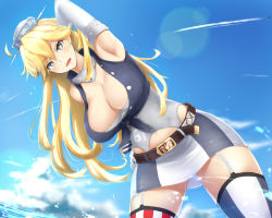 Rule 34 | + +, 10s, 1girl, :d, arm behind head, arm up, armpits, asymmetrical legwear, belt, blonde hair, blush, breasts, cleavage, cloud, collar, condom, condom wrapper, corset, day, elbow gloves, female focus, garter straps, gloves, hand on own hip, hat, iowa (kancolle), kantai collection, large breasts, leaning, leaning to the side, long hair, miniskirt, mismatched legwear, open mouth, rinrin kai, skirt, sky, smile, solo, splashing, symbol-shaped pupils, thighhighs, uneven legwear, water