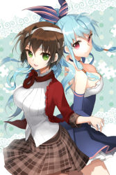 Rule 34 | 2girls, asmis, asmis hara, bandages, blue hair, breasts, brown hair, choker, cleavage, dress, elbow gloves, gloves, green eyes, grin, hair between eyes, hair ribbon, holding hands, impossible clothes, jigsaw puzzle, layered dress, linus falco, long hair, lowres, multiple girls, open mouth, plaid, plaid skirt, pleated dress, pleated skirt, puzzle, red eyes, ribbon, salt (salty), short hair, skirt, smile, strapless, striped, sword girls, wavy hair