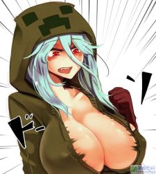 Rule 34 | at2., blue hair, blush, breasts, bursting breasts, charged creeper, creeper, huge breasts, minecraft, red eyes