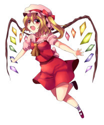 Rule 34 | 1girl, :d, bobby socks, crystal, demon wings, dress, female focus, flandre scarlet, foreshortening, frills, full body, hat, mary janes, mob cap, open mouth, puffy short sleeves, puffy sleeves, red dress, red eyes, shoes, short sleeves, simple background, smile, socks, solo, subaru (yachika), touhou, white background, white socks, wings