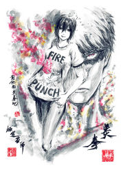 Rule 34 | 1boy, 1girl, agni (fire punch), breasts, chinese commentary, chinese text, closed mouth, cowboy shot, fire, fire punch, glaring, greyscale, hair between eyes, ink wash painting, jidao huashi, lips, looking at viewer, medium breasts, monochrome, pants, red eyes, reverse trap, shirt, shirt tug, short hair, short sleeves, simple background, smile, smoke, spot color, stamp, t-shirt, togata (fire punch), traditional media, white background