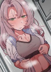 Rule 34 | 1girl, absurdres, after fellatio, blue sailor collar, blush, breasts, green eyes, grey background, grey hair, hair between eyes, highres, kantai collection, kinugasa (kancolle), large breasts, long hair, looking at viewer, nose blush, open clothes, open shirt, parted lips, sailor collar, shiawase hougan, shirt, short sleeves, solo, sports bra, steam, stray pubic hair, sweat, upper body