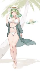 Rule 34 | 1girl, absurdres, anklet, bare legs, barefoot, bikini, breasts, ceres fauna, character name, earrings, flower, flower necklace, green hair, green jacket, hand up, hat, highres, hololive, hololive english, jacket, jewelry, kanoe (tatsukanoe), large breasts, long hair, long sleeves, necklace, open clothes, open jacket, palm tree, parted lips, red flower, solo, swimsuit, tree, virtual youtuber, white bikini, white flower, white hat, yellow eyes