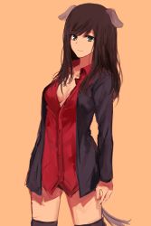 Rule 34 | 1girl, animal ears, black jacket, black thighhighs, breasts, brown hair, dog ears, eyebrows, federica n. doglio, green eyes, highres, jacket, long hair, long sleeves, looking at viewer, military, military uniform, open clothes, open jacket, open shirt, red shirt, retto, shirt, smile, solo, standing, strike witches, strike witches: kurenai no majo-tachi, tail, thighhighs, unbuttoned, uniform, world witches series