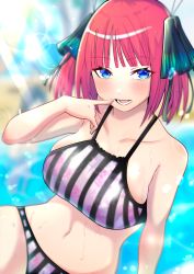 Rule 34 | 1girl, :d, absurdres, bare shoulders, beach, bikini, black ribbon, blue eyes, blunt bangs, blush, breasts, butterfly hair ornament, cleavage, collarbone, finger to own chin, go-toubun no hanayome, hair ornament, highres, large breasts, looking at viewer, mofujiro, multicolored nails, nail polish, nakano nino, navel, ocean, open mouth, outdoors, pink bikini, pink hair, raised eyebrows, ribbon, skindentation, smile, stomach, striped bikini, striped clothes, sunlight, swimsuit, thick thighs, thighs, twintails, wet