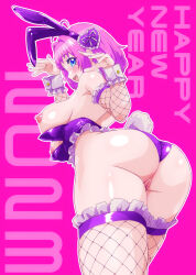 Rule 34 | 1girl, 2023, animal ears, arched back, ass, text background, backless leotard, blue eyes, bob cut, breasts, chinese zodiac, cleft of venus, commentary, detached sleeves, english text, fake animal ears, fake tail, fishnet sleeves, fishnet thighhighs, fishnets, frilled cuffs, frilled sleeves, frilled thighhighs, frills, from behind, hair ornament, happy new year, heart, heart hair ornament, highres, large breasts, leaning forward, leotard, leotard pull, looking at viewer, looking back, new year, open mouth, original, outline, pink background, pink hair, playboy bunny, purple leotard, purple thighhighs, rabbit ears, rabbit pose, rabbit tail, short hair, smile, solo, standing, stdl, strapless, strapless leotard, tail, thighhighs, wedgie, white outline, year of the rabbit