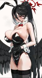 Rule 34 | 1girl, absurdres, animal ears, black gloves, black hair, black leotard, black thighhighs, black wings, blue archive, bow, bowtie, breasts, fake animal ears, fake tail, gloves, halo, hasumi (blue archive), highres, huge breasts, leotard, long hair, looking at viewer, mole, mole under eye, playboy bunny, ponytail, rabbit ears, rabbit tail, red bow, red bowtie, red eyes, red halo, solo, tail, thighhighs, white background, wings, wrist cuffs, yukiman1056