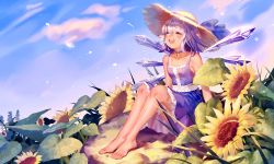 Rule 34 | 1girl, ^ ^, ^o^, adapted costume, arms at sides, bare arms, barefoot, blue dress, blue hair, blue ribbon, blue sky, blush, choker, cirno, closed eyes, cloud, collarbone, day, dress, flower, frilled dress, frills, hat, hat ribbon, highres, ice, ice wings, knees up, nail polish, outdoors, ribbon, round teeth, short hair, sitting, sky, sleeveless, sleeveless dress, smile, solo, straw hat, summer, sun hat, sunflower, teeth, toenail polish, toenails, touhou, wei li, wings