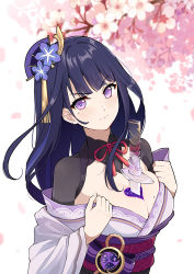 Rule 34 | 1girl, absurdres, between breasts, blunt bangs, blush, branch, breasts, cleavage, flower, genshin impact, hair flower, hair ornament, heart, highres, human scabbard, large breasts, long hair, long sleeves, looking at viewer, mole, mole on breast, mole under eye, off shoulder, purple eyes, purple hair, raiden shogun, red background, simple background, skying, solo, sword, tree, upper body, weapon