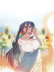 Rule 34 | 1girl, :o, artist name, bare shoulders, black eyes, black hair, blush, breasts, bursting breasts, cleavage, collarbone, commentary, dated, dress, english commentary, flower, hair between eyes, hand up, highres, huge breasts, long hair, mole, mole under eye, open mouth, original, ryusei hashida, signature, solo, spaghetti strap, sundress, sunflower, upper body, very long hair, waving, white dress