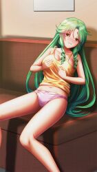 Rule 34 | 1girl, bare arms, bare legs, bow, bow panties, breasts, cleavage, collarbone, doukyuusei, doukyuusei another world, drill hair, game cg, grabbing own breast, green hair, hair between eyes, hair intakes, half-closed eyes, indoors, large breasts, leaning back, long hair, midriff, navel, official art, panties, pink panties, sakuma chiharu, sitting, solo, spaghetti strap, stomach, tank top, underwear, very long hair, yellow eyes, yellow tank top