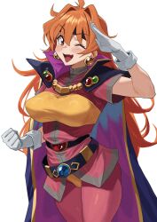 Rule 34 | absurdres, belt, black cape, blush, breasts, brown eyes, cape, cowboy shot, earrings, fang, gloves, highres, jewelry, large breasts, leotard, lina inverse, long hair, mm (yoromu), one eye closed, orange hair, pantyhose, red pantyhose, red shirt, shirt, short sleeves, simple background, skin fang, slayers, white background, white gloves, yellow leotard, yellow shirt