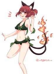 Rule 34 | 1girl, alternate hairstyle, animal ears, bikini, blush, braid, cat ears, cat tail, egret, fang, fire, flame-tipped tail, green bikini, highres, kaenbyou rin, looking at viewer, multiple tails, nail polish, navel, open mouth, red eyes, red hair, simple background, smile, solo, standing, standing on one leg, swimsuit, tail, touhou, twitter username, white background