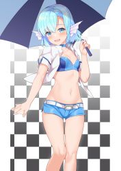 Rule 34 | 1girl, :d, absurdres, belt, blue eyes, blue hair, blue shorts, breasts, checkered background, choker, collarbone, crop top, ellie (takunomi), elliot leucosia, fins, fish girl, hand up, head fins, highres, holding, holding umbrella, jacket, looking at viewer, midriff, navel, open clothes, open jacket, open mouth, original, race queen, short hair, short shorts, short sleeves, shorts, small breasts, smile, solo, standing, stomach, takunomi, thigh gap, thighs, umbrella, webbed hands, white jacket