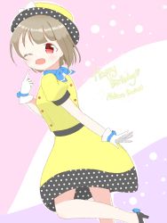 Rule 34 | 1girl, artist name, artist request, bare legs, black footwear, black high heels, blue bow, blue choker, blush, bow, bow gloves, breasts, brown hair, buttons, choker, collarbone, collared shirt, female focus, gloves, grey hair, hat, hat bow, high heels, highres, hksa tetora, light brown hair, looking at viewer, looking back, love live!, love live! nijigasaki high school idol club, love live! school idol festival, nakasu kasumi, one eye closed, parted lips, pointing, pointing at self, polka dot, polka dot headwear, polka dot skirt, poppin&#039; up (love live!), puffy short sleeves, puffy sleeves, purple eyes, red eyes, shirt, short hair, short sleeves, sideboob, skirt, small breasts, smile, solo, standing, standing on one leg, tetra (hksa tetora), white bow, white gloves, yellow hat, yellow shirt, yellow skirt
