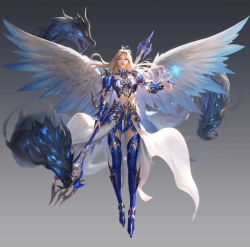 Rule 34 | 1girl, absurdres, armor, armored boots, blonde hair, blue armor, blue footwear, boots, breasts, commentary, english commentary, faulds, feathered wings, full body, glowing, gradient background, grey background, highres, holding, holding staff, lips, long hair, looking at viewer, magic, medium breasts, mu origin, official art, parted bangs, parted lips, pauldrons, red lips, shoulder armor, solo, staff, taekwon kim, teeth, thigh boots, vambraces, waist cape, white wings, wings, yellow eyes